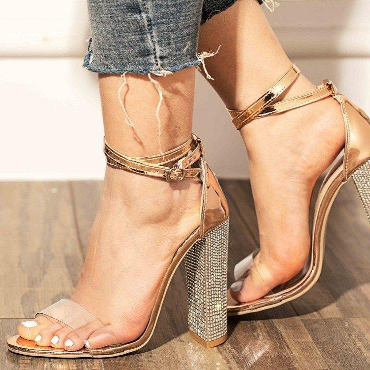 Thick High-heeled Slotted Buckle Rhinestone Sandals Sexy High-heeled Shoes