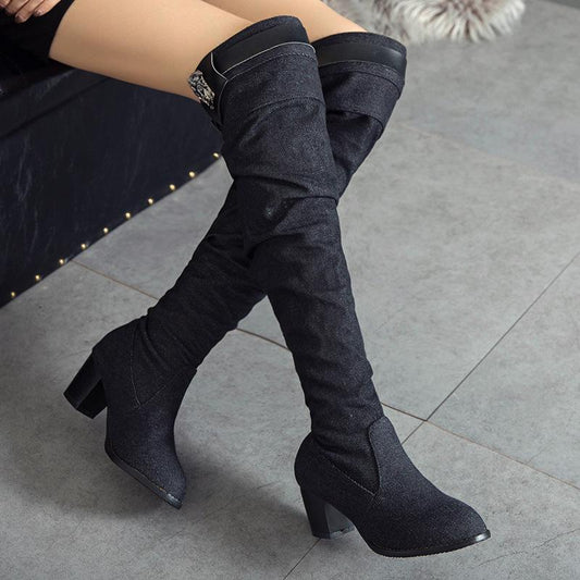 Denim women's boots thick heel high heel velvet high tube Boots