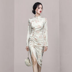 Chinese-Inspired Stand Collar Qipao-Style Printed Dress