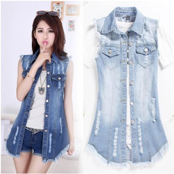 Sleeveless Large Denim Medium Length Jacket