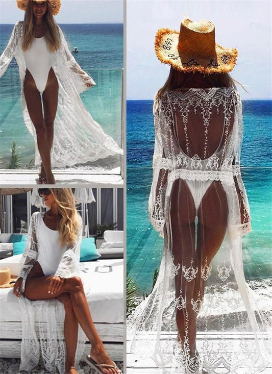 Mesh embroidery with Lace Sexy Beach blouse holiday dress