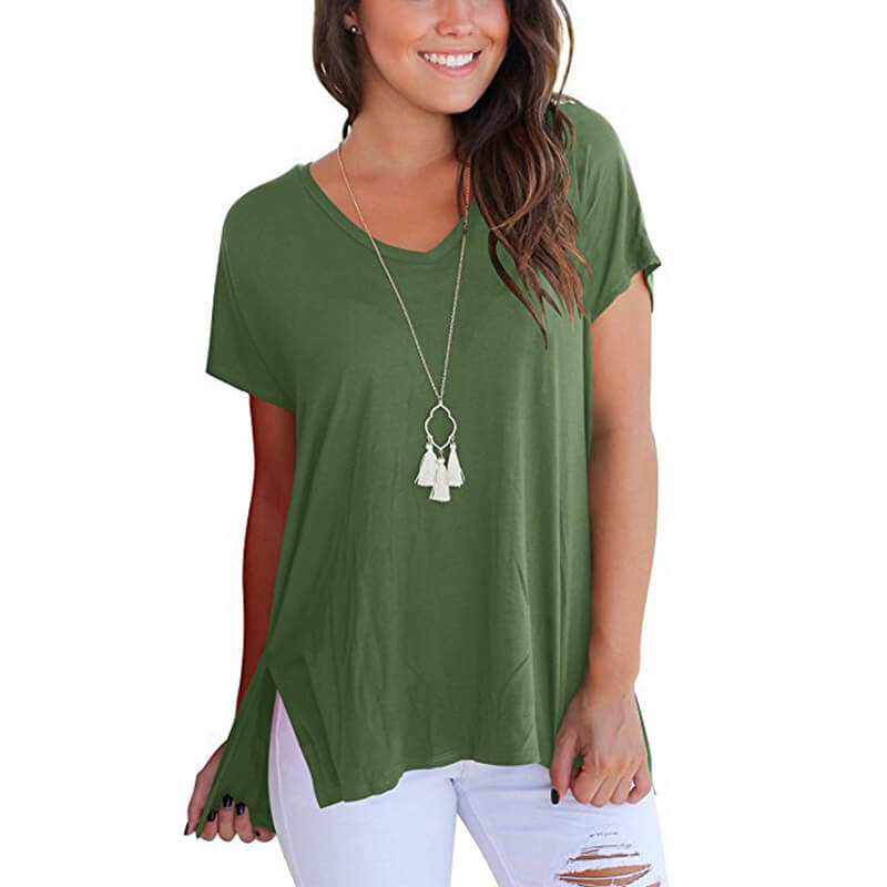 V-neck Loose Pure Color Split Blouse