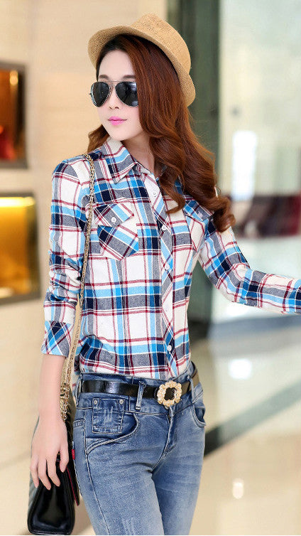 Turn-down Collar Plaid Flower Print Long Sleeves Slim Button Blouse ...