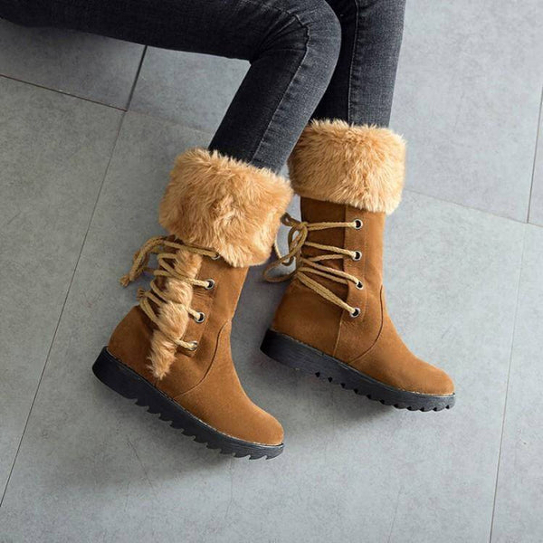 Fur Lace Up Flat Suede Calf Boots