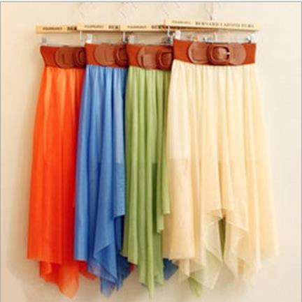 Chiffon Irregular Bohemian Flare Pleated Beach Middle Belt Skirt - May Your Fashion - 2