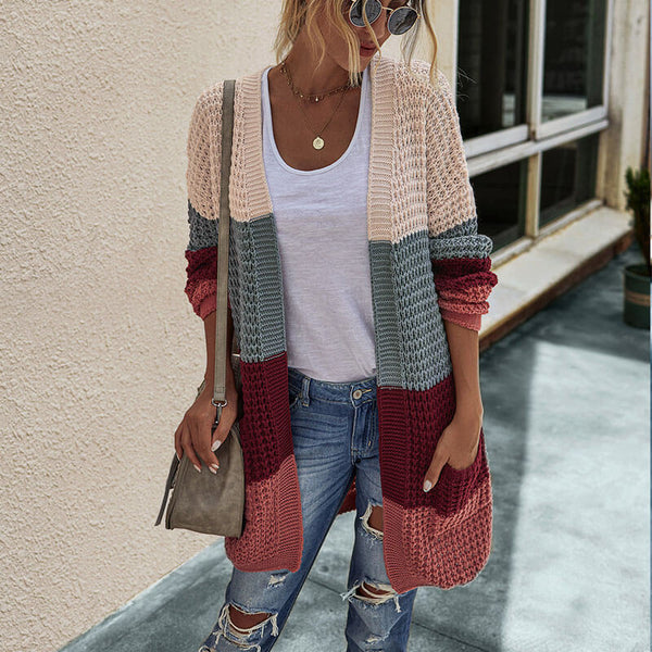 Open Front Knitted Colorblock Sweater Cardigan