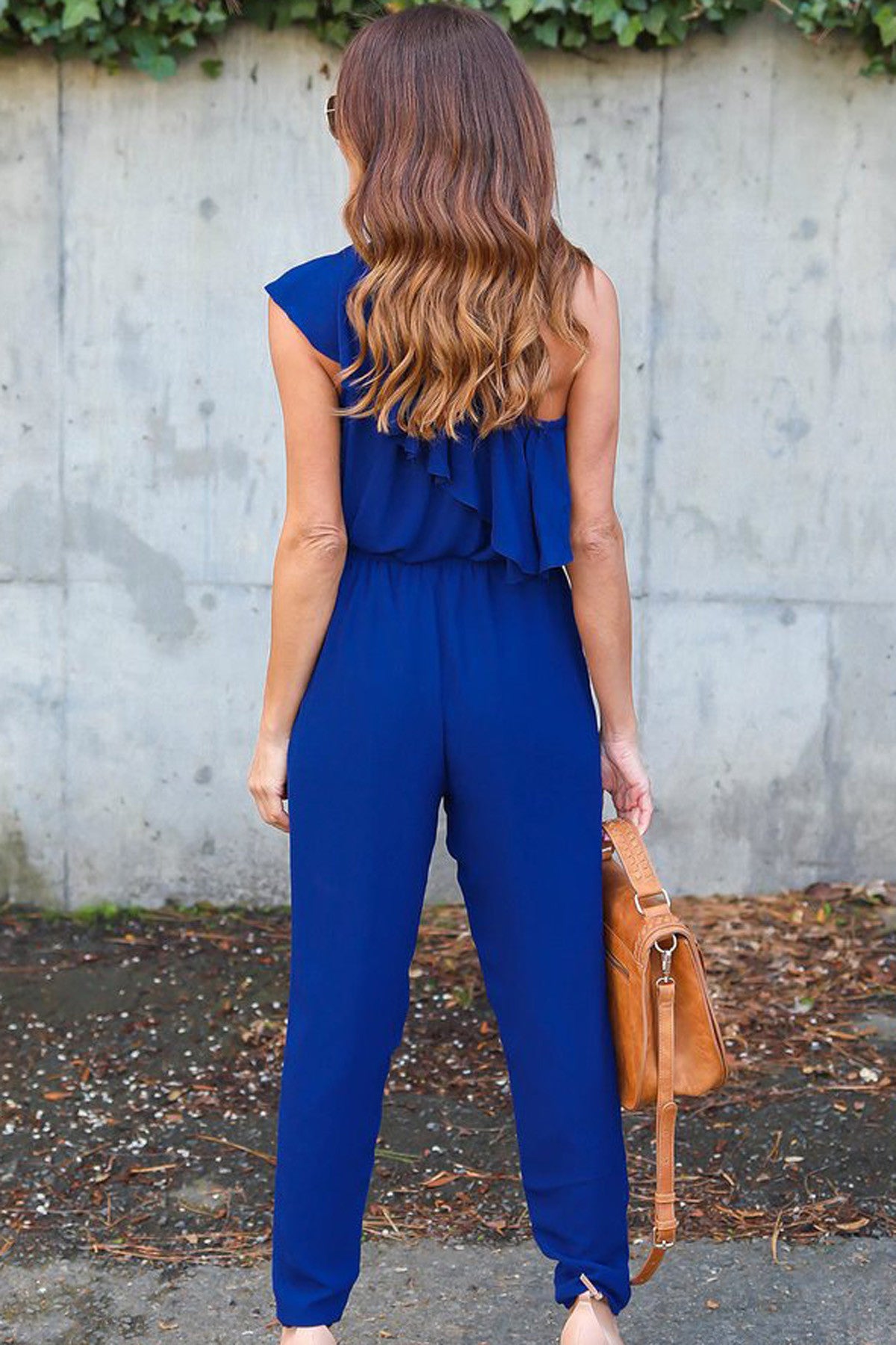 One Shoulder Pure Color Chiffon Long Jumpsuit