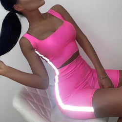 Sexy Candy Color Tank Top Reflect High Waist Bodycon Two Pieces Set