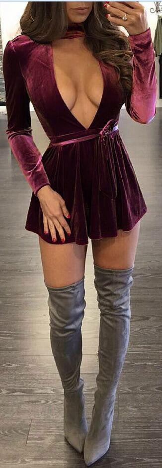 Sexy Deep V Neck Long Sleeve Pleated Short Dress