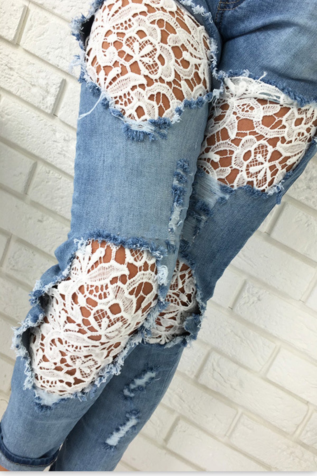 Lace Denim Patchwork Cut Out Long Skinny Jeans