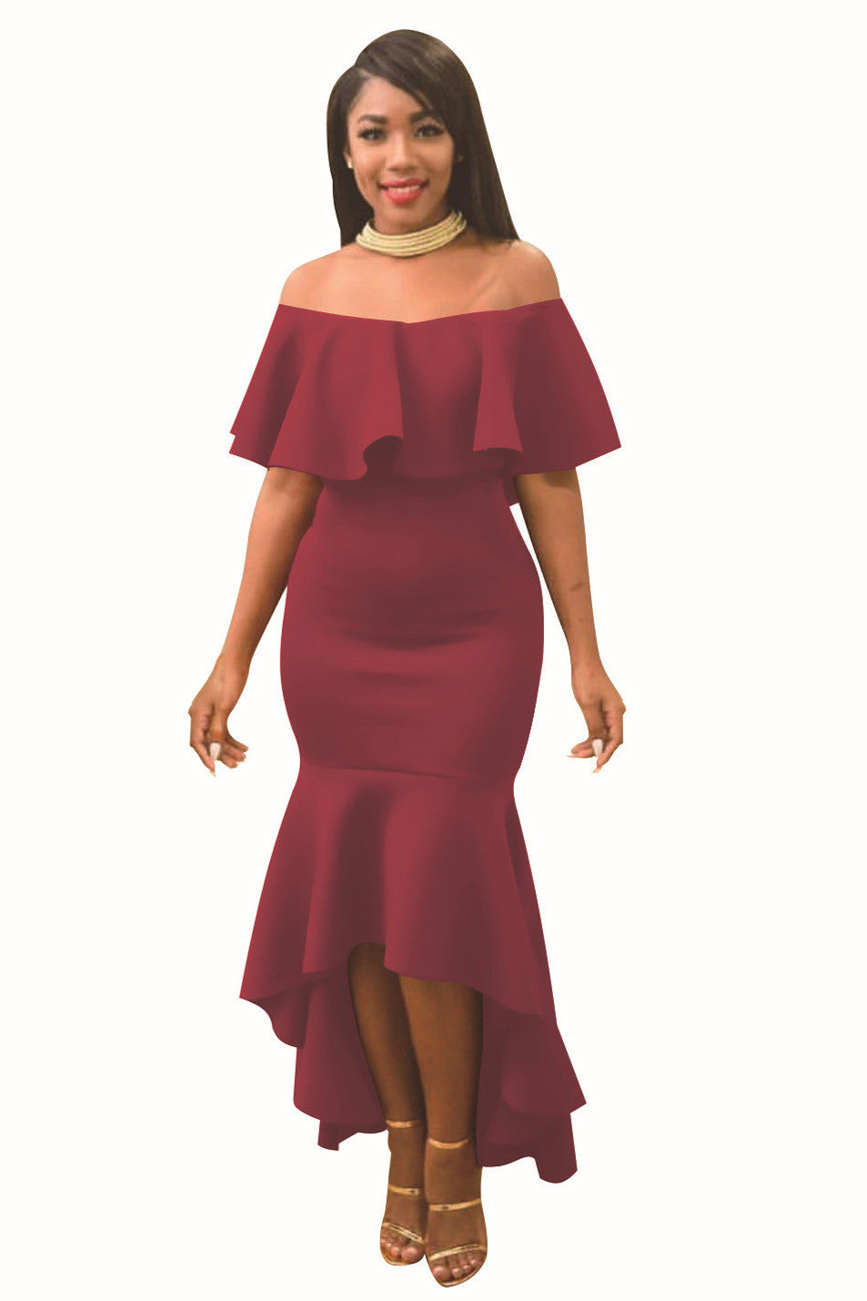 Pure Color Short Sleeves Ruffles Off Shoulder Irregular Dress