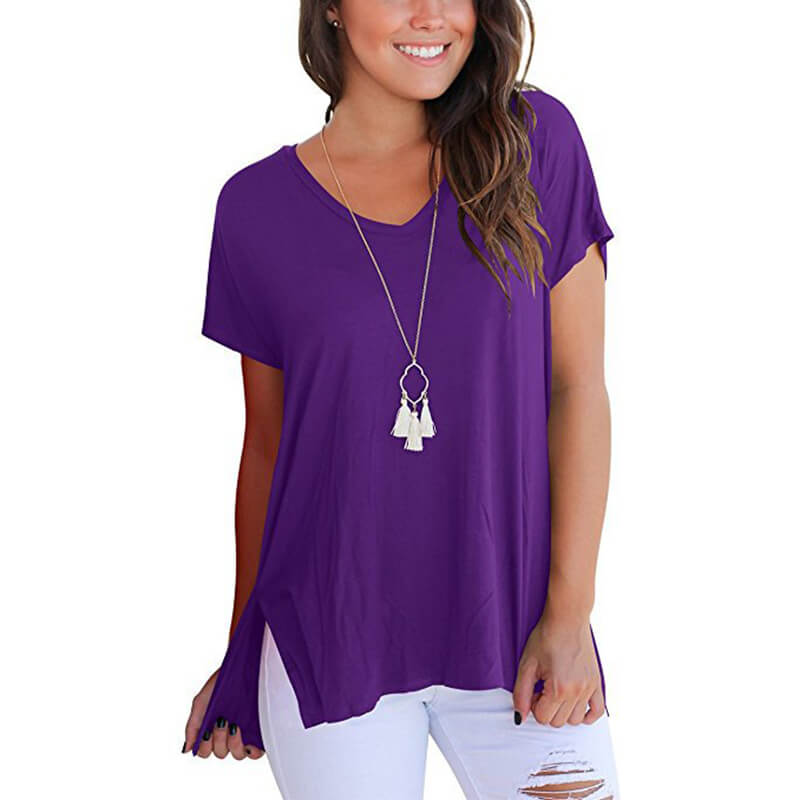 V-neck Loose Pure Color Split Blouse