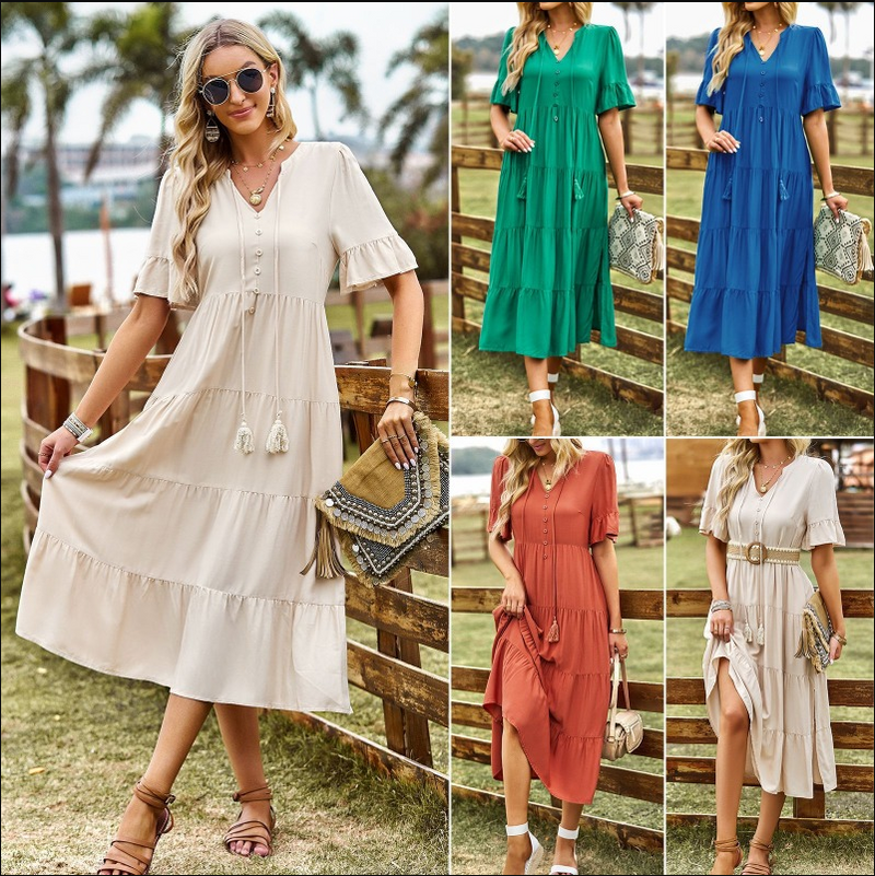 Slack and Casual V-neck Long Dress for Summer