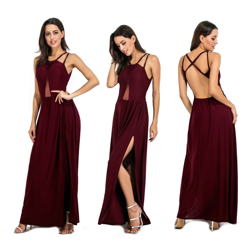 Pure Color Scoop Split Backless Long Party Dress
