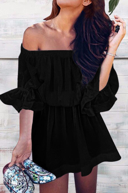 Off Shoulder Trumpet Half Sleeves Pure Color Short Dress