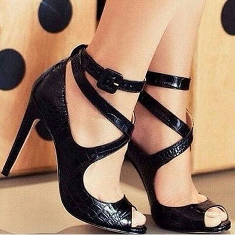 Black Leather Peep Toe Cutout High Heel Sandals