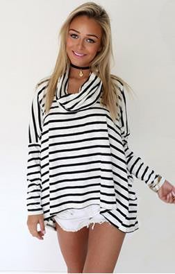 Striped Casual Plus Size High Neck Long Sleeves Blouse - May Your Fashion - 2