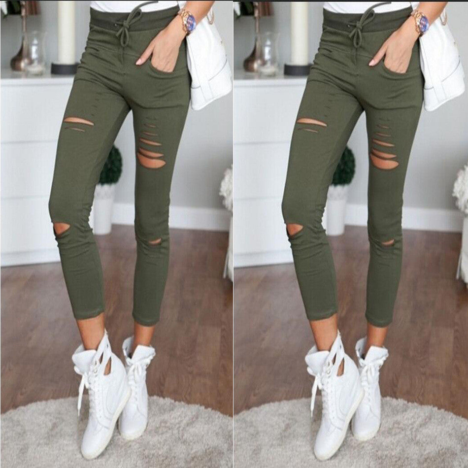 High Waist Ripped Hole Draw String Skinny Elastic 9/10 legging