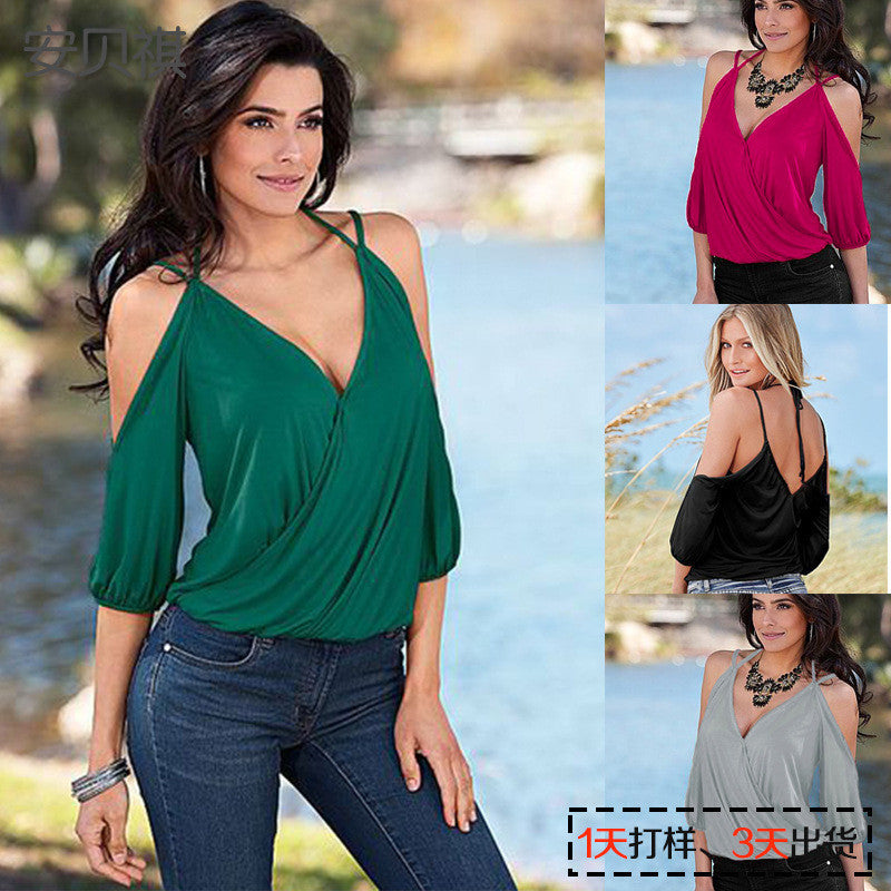 Spaghetti Strap 1/2 Sleeves Deep V-neck Pure Color Blouse