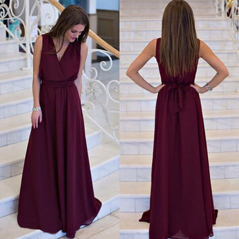 V-neck Sleeveless Lace Up Pleated Solid Long Dress