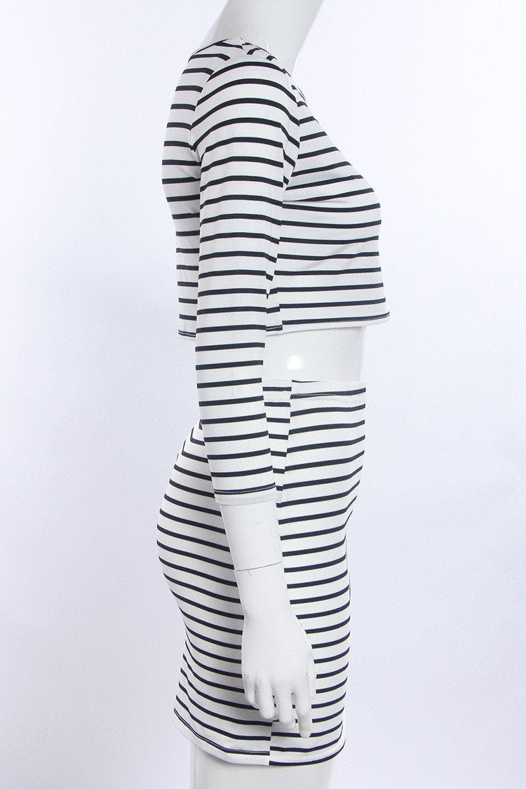 Fashion Long Sleeves Crop Top Striped Stretch Skirt Dress Set