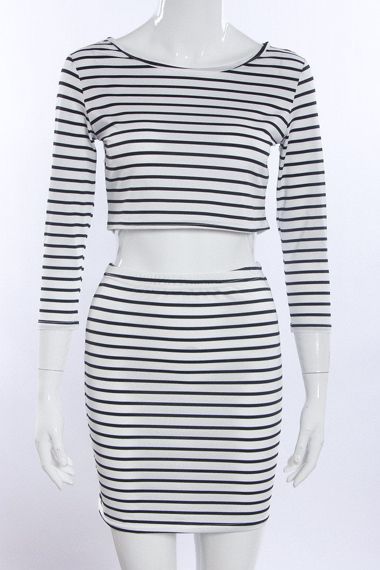 Fashion Long Sleeves Crop Top Striped Stretch Skirt Dress Set