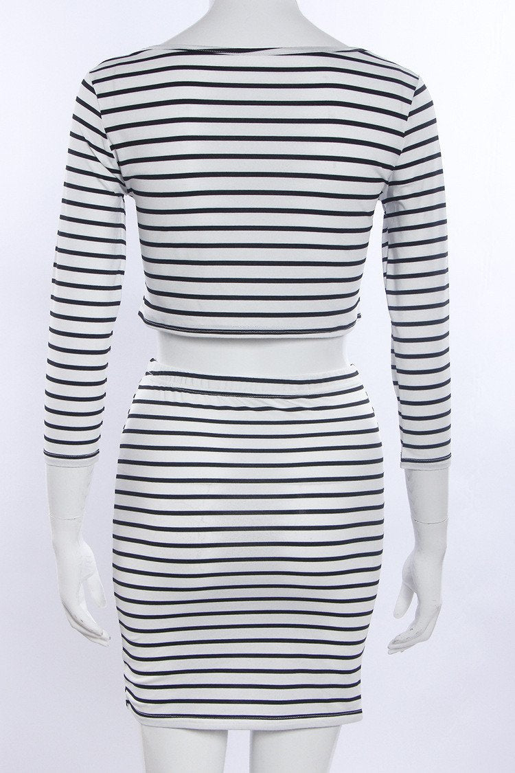 Fashion Long Sleeves Crop Top Striped Stretch Skirt Dress Set