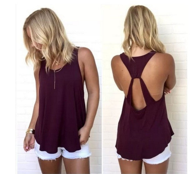 Scoop Sleeveless Backless Pure Color Backcross Blouse - May Your Fashion - 2