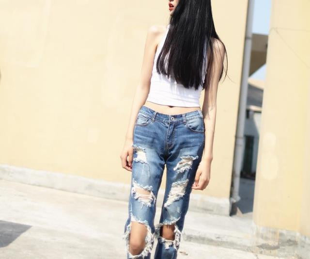 Beggar Holes Ripped Slim Low Waist Fashion Jeans