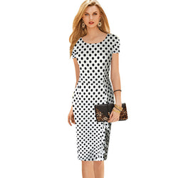 Slim Print Dots O-neck Short Sleeve Knee-length Dress - May Your Fashion - 1