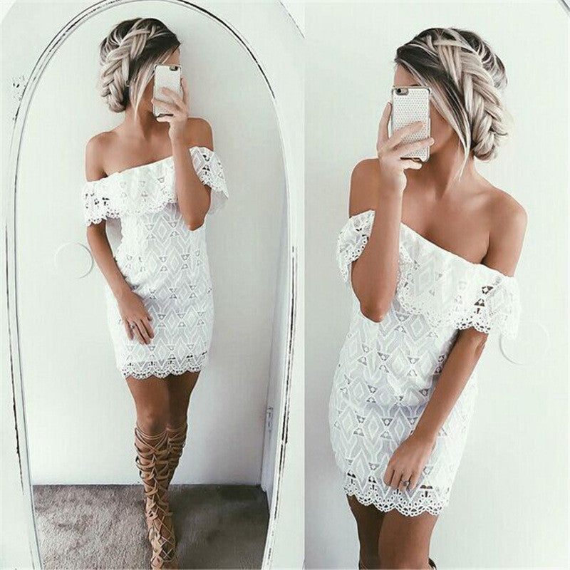 Off Shoulder Lace Hollow Sexy Short Dress - May Your Fashion - 4