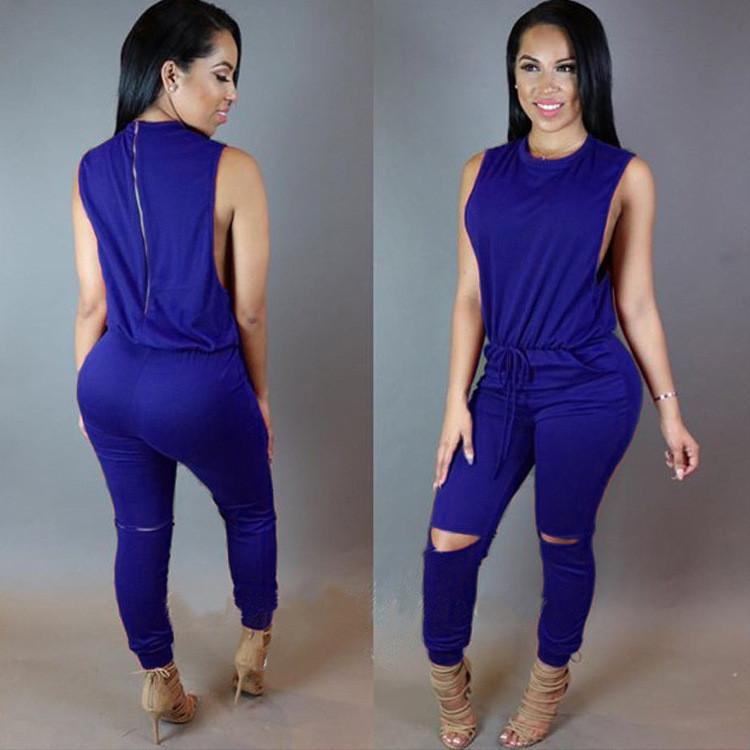 Sleeveless Draw String Split Knee Long Slim Jumpsuit