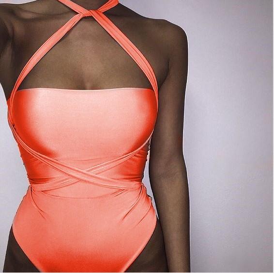 Pure Color Cross Wrap Bandage One Piece Swimwear