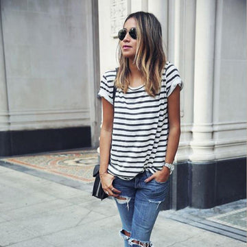 Free Shipping Striped Scoop Short Sleeves Casual Loose T-shirt