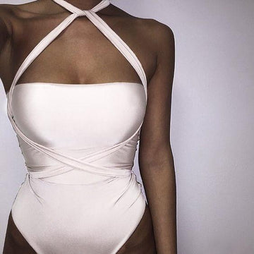 Pure Color Cross Wrap Bandage One Piece Swimwear
