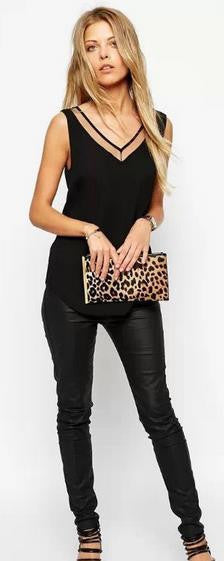 V-neck Sleeveless Gauze Patchwork Chiffon Sexy Blouse