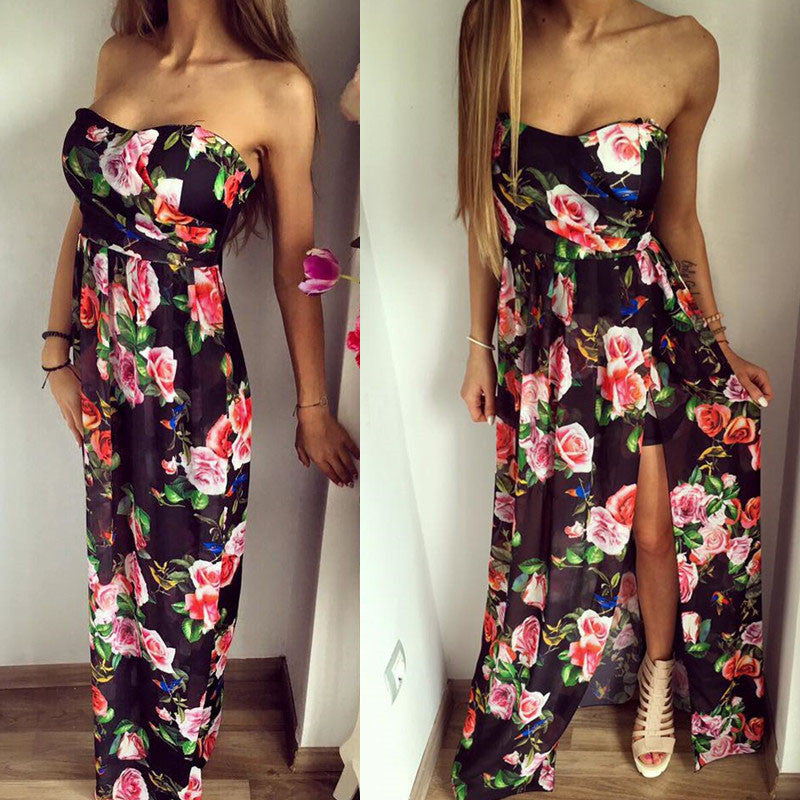 Print Split Strapless Long Chiffon Dress