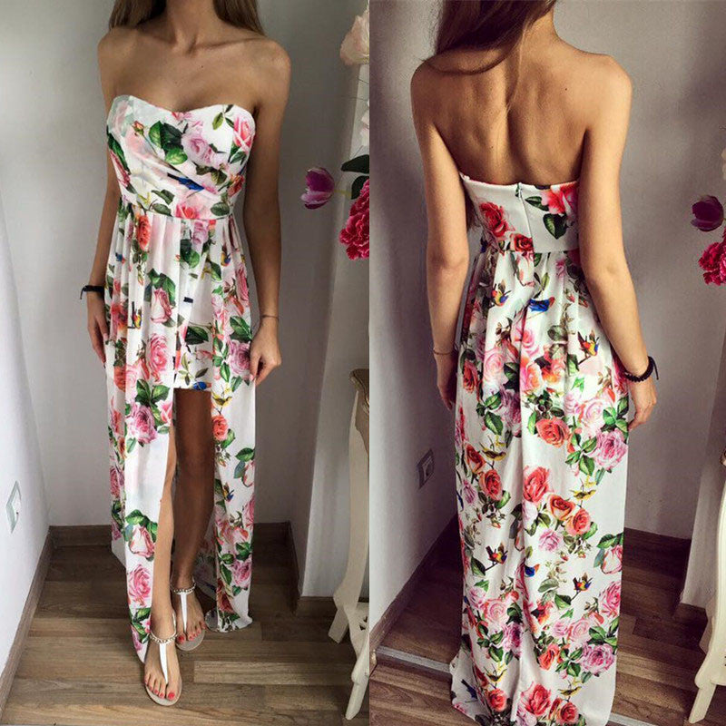 Print Split Strapless Long Chiffon Dress
