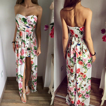 Print Split Strapless Long Chiffon Dress