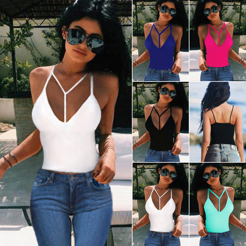 V-neck Spaghetti Strap Sleeveless Pure Color Vests - May Your Fashion - 2