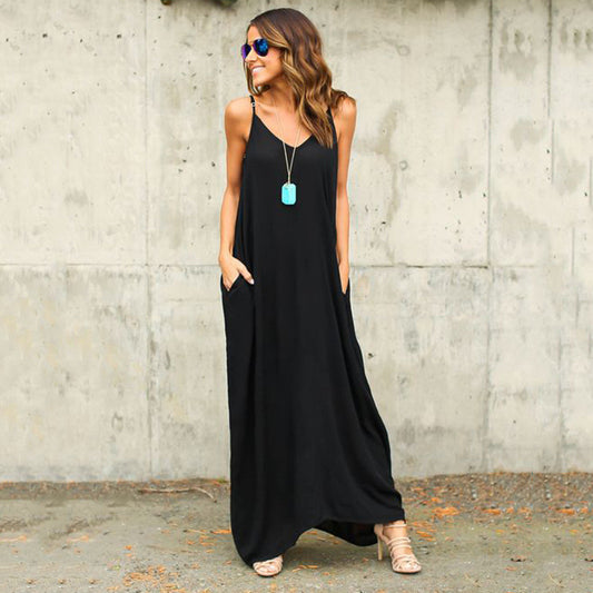 Irregular Pure Color Spaghetti Strap Long Loose Dress - May Your Fashion - 2