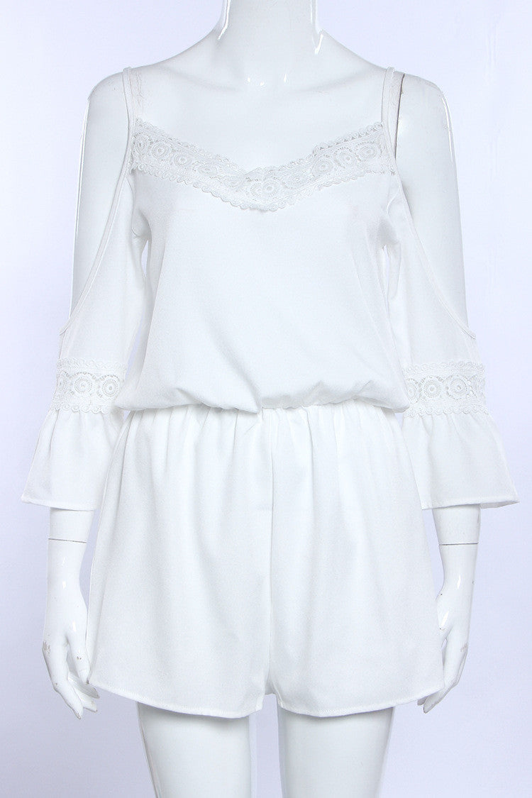 Dew Shoulder V Neck Chiffon Lace Long Sleeve Short Jumpsuit