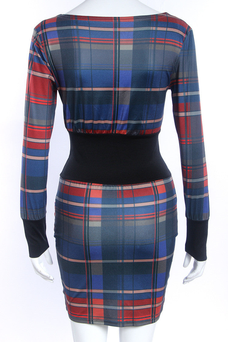 Plaided Print Elastic Waist Cuff Short Bodycon Dress
