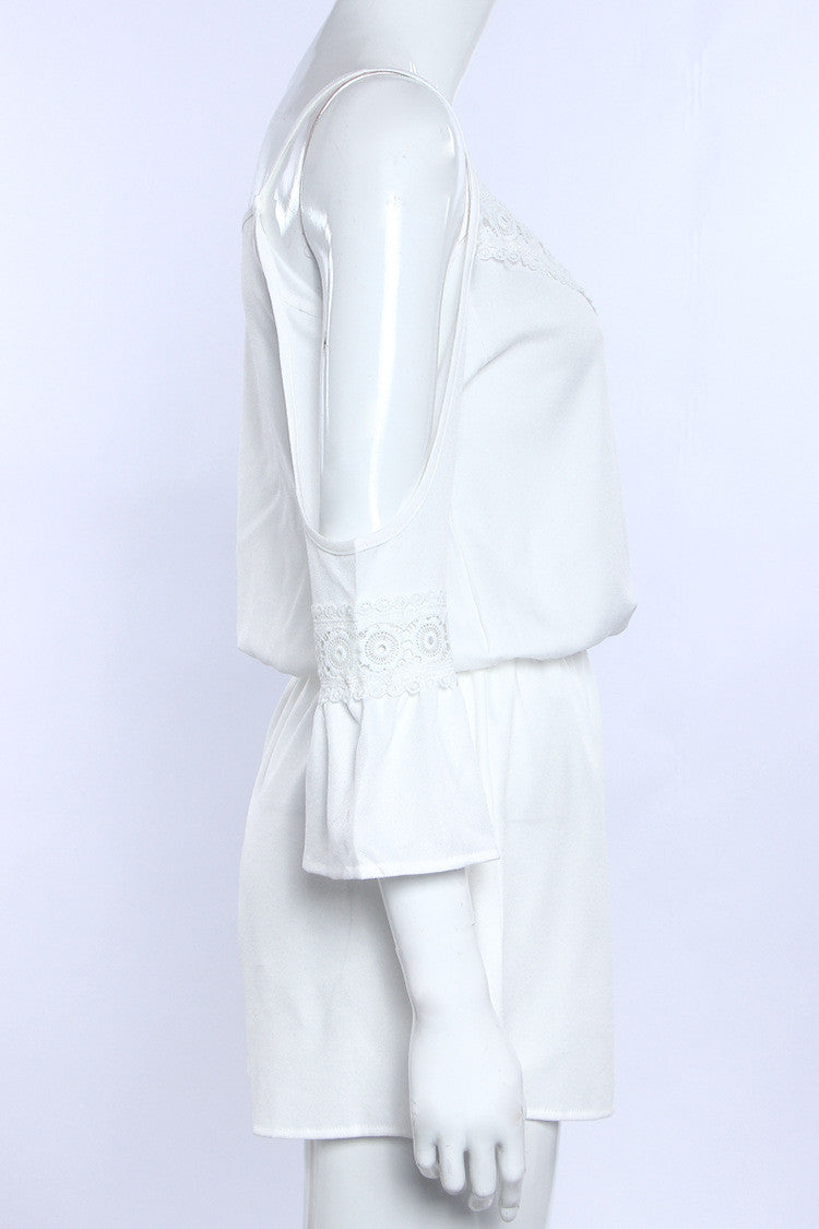 Dew Shoulder V Neck Chiffon Lace Long Sleeve Short Jumpsuit