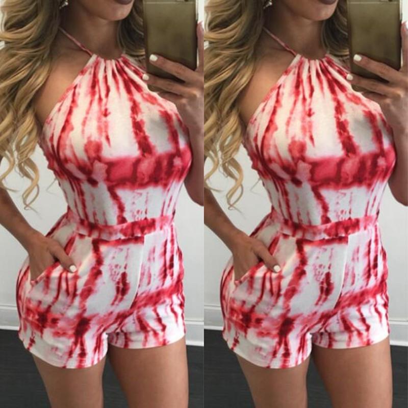 Halter Lace Up Tie-dyed Print Club Short Jumpsuit
