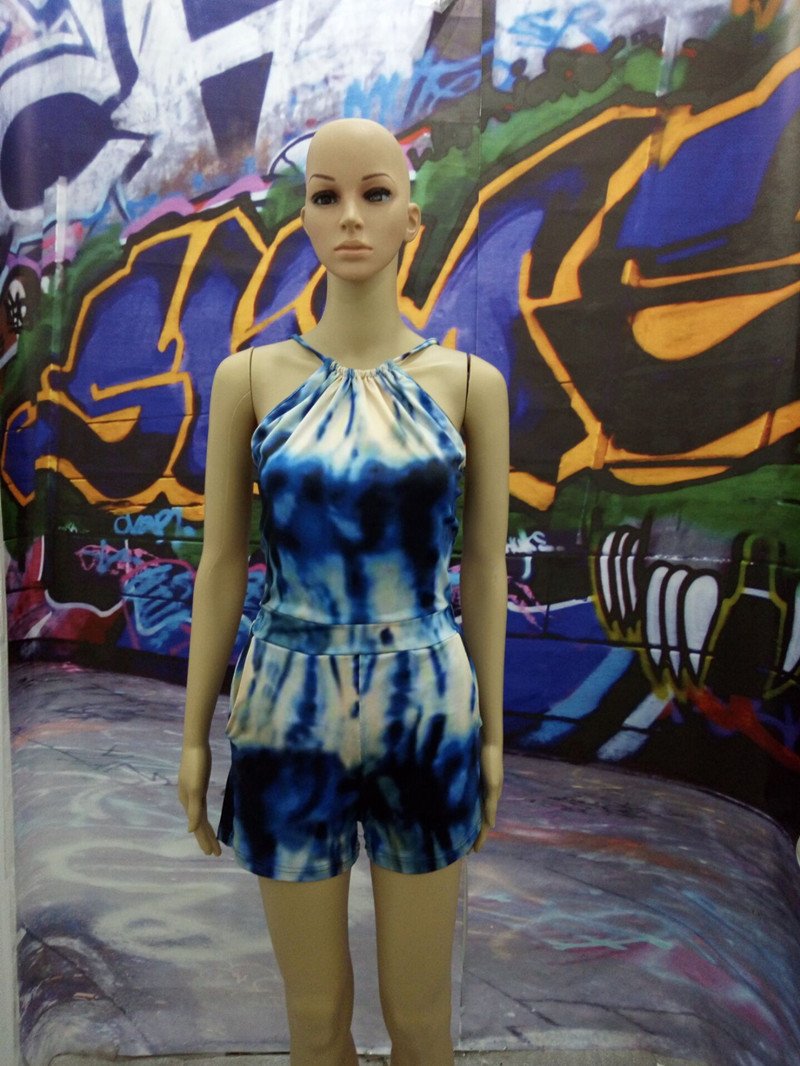 Halter Lace Up Tie-dyed Print Club Short Jumpsuit