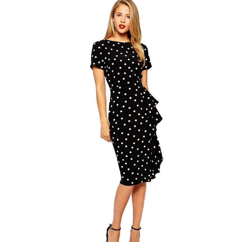 Slim Print Dots O-neck Short Sleeve Knee-length Dress - May Your Fashion - 4