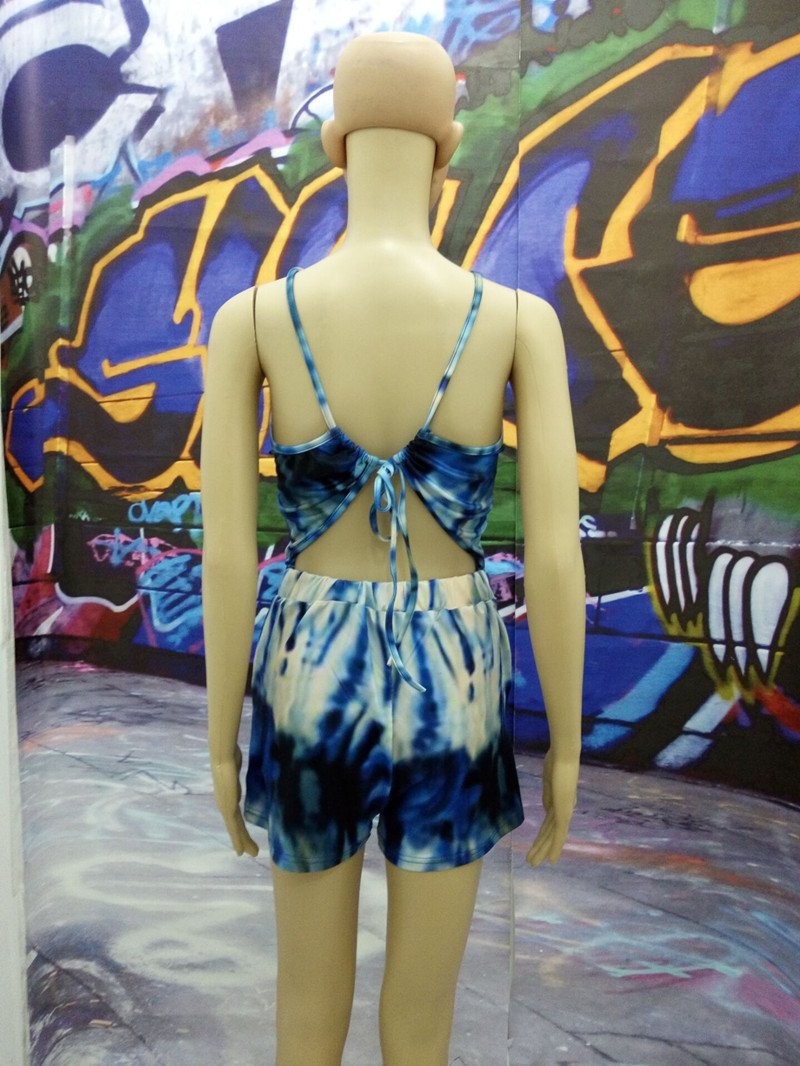 Halter Lace Up Tie-dyed Print Club Short Jumpsuit