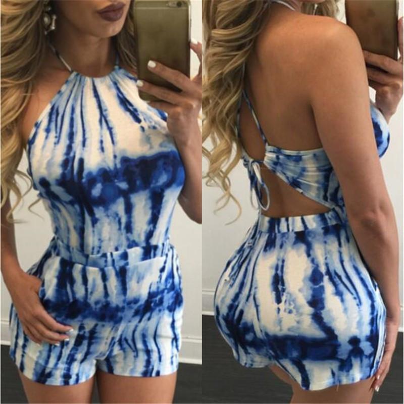 Halter Lace Up Tie-dyed Print Club Short Jumpsuit