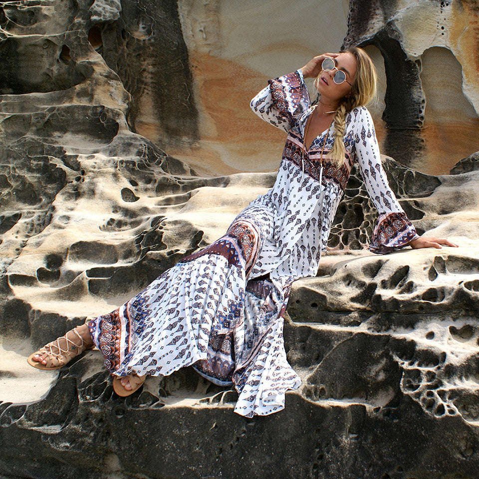 V-neck Split Print Long Bohemian Dress